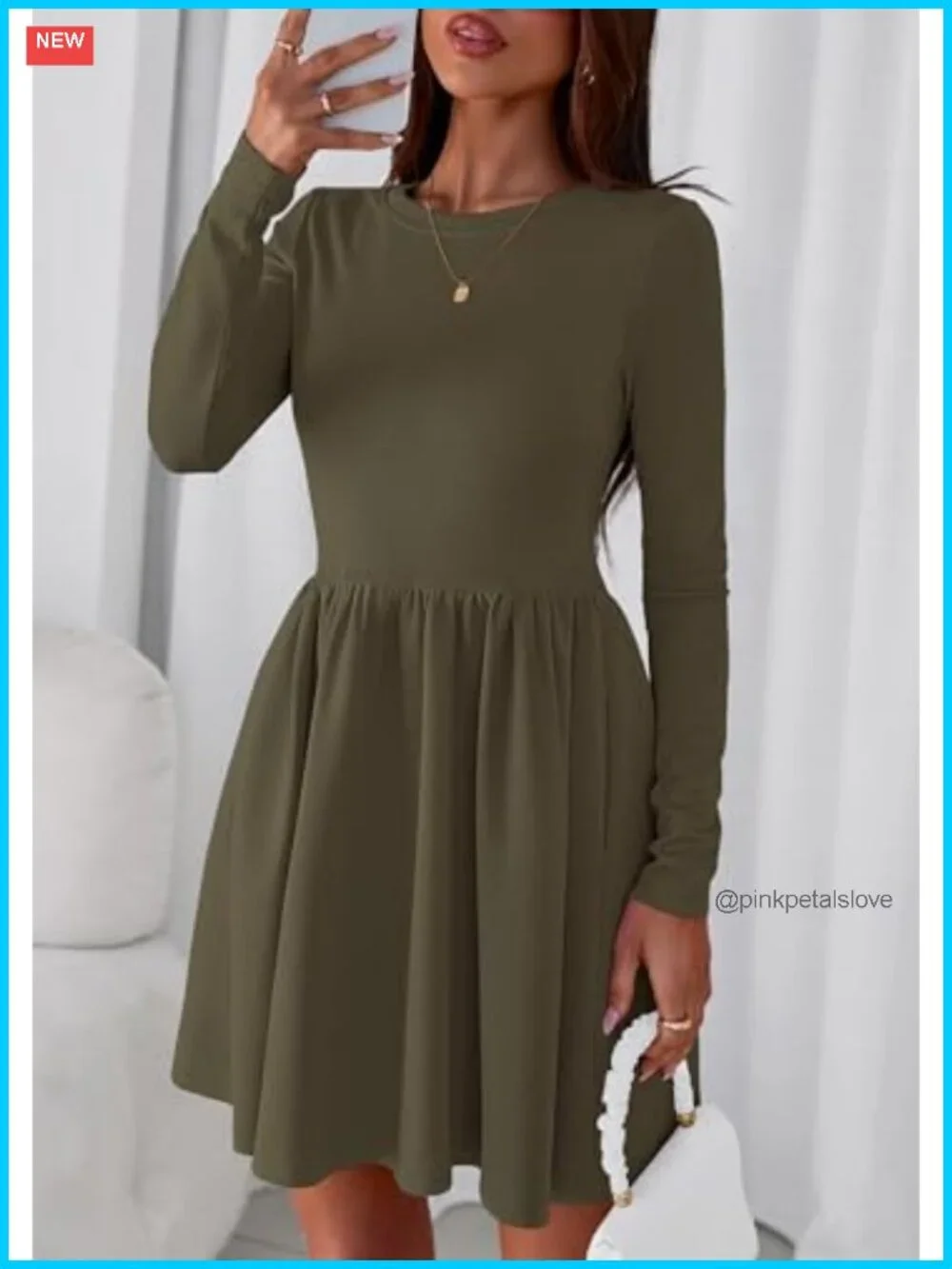 Long Sleeve Mini Dress Pleated A-Line Fit & Flare Babydoll with Pockets Casual